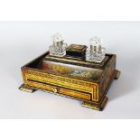 A GOOD VICTORIAN PAPIER MACHE TWO BOTTLE INK STAND, painted with flowers with a pen tray and a