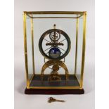 A LARGE SKELETON CLOCK, with silvered dial, subsidiary seconds dial and blue enamel moon phase