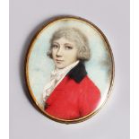 A GOOD GEORGIAN OVAL MINIATURE OF A YOUNG BOY, WITH WHITE WIG, WHITE CRAVAT, RED COAT AND BLACK