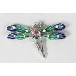 A SILVER, PLIQUE ENAMEL, RUBY, SAPPHIRE AND PEARL DRAGONFLY BROOCH.