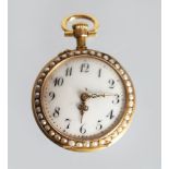 A GOOD GOLD AND ENAMEL FOB WATCH, with enamel dial, Arabic numerals, the bezels inlaid with seed