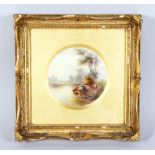 JOHN STINTON A GOOD ROYAL WORCESTER CIRCULAR PORCELAIN PLAQUE, cattle watering at a river, signed,