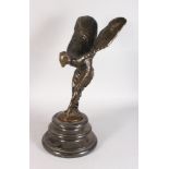 AFTER CHARLES SYKES A LARGE BRONZE "SPIRIT OF ECSTACY" on a circular marble base. 2ft 2ins high.