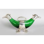 A NOVELTY GREEN GLASS DOUBLE ENDED CLARET JUG, modelled as ducks. 1ft 3ins long.