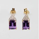 A PAIR OF 9CT GOLD, AMETHYST AND DIAMOND EARRINGS.