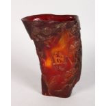 A CARVED HORN LIBATION CUP. 6.5ins.