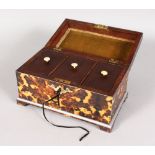 A GOOD FAUX TORTOISESHELL THREE DIVISION TEA CADDY on bracket feet. 9ins long.