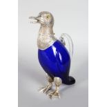 A NOVELTY BLUE GLASS CLARET JUG, modelled as a duck. 10.5ins high.