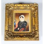 A VICTORIAN PORTRAIT MINIATURE OF A LADY sitting in a chair, wearing white bonnet and black dress