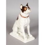 A SUPERB MEISSEN FIGURE OF A SEATED DOG, on a rectangular base. Cross swords mark in blue. 7ins