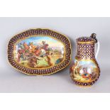 A SUPERB PAIR OF 18TH CENTURY SEVRES JUG AND BASIN, painted with battle scenes, dated 1503, the