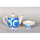 A RUSSIAN PORCELAIN TEAPOT and SLOP BOWL with blue design.