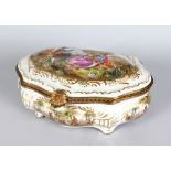 A SEVRES STYLE PORCELAIN CASKET, with ormolu mounts, decorated with a courting couple. 1ft 2ins