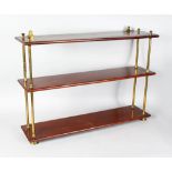 A GOOD PAIR OF 19th CENTURY RECTANGULAR OPEN SHELVES with turned brass supports. 2ft 7ins long,