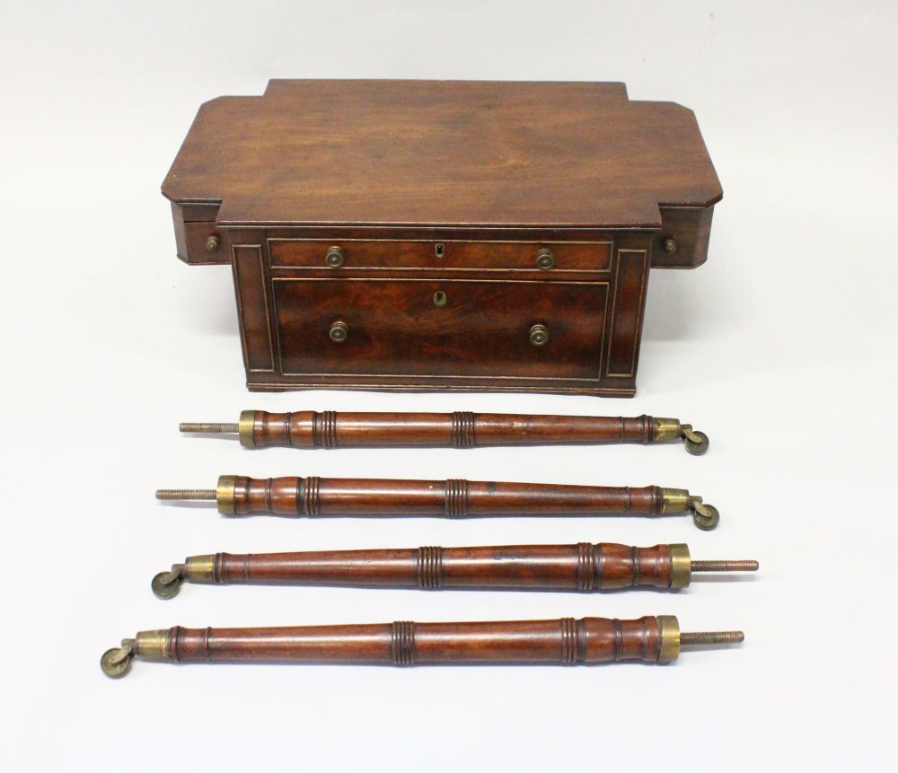 A WILLIAM IV MAHOGANY CAMPAIGN TABLE, with shaped rising top, a small drawer, two dummy drawers, one - Image 2 of 2