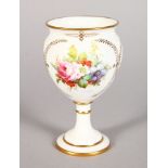 A ROYAL CROWN DERBY PEDESTAL VASE, painted with flowers by ALBERT GREGORY, signed 4.5in high