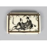 A RARE SILVER AND ENAMEL JAPANESE DESIGN SNUFF BOX. 3.5ins wide.