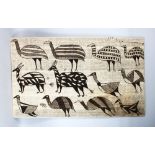 A 20TH CENTURY AFRICAN WOVEN FABRIC PICTURE, depicting three rows of animals and birds. 4ft 4ins