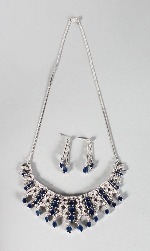 A SILVER SAPPHIRE SET DECO STYLE NECKLACE.