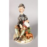 A CAPODIMONTE PORCELAIN GROUP, an old man with wind up radio, dog by his side. 9.5ins high.