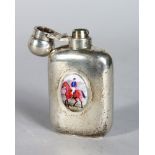 A MINIATURE SILVER HIP FLASK, with later applied enamel of a huntsman on horseback. 3ins high.