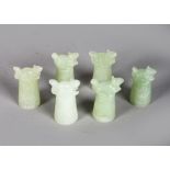 SIX CHINESE CARVED JADE THIMBLES.