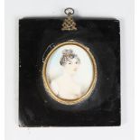 A GOOD OVAL PORTRAIT MINIATURE OF MRS ADMIRAL MANSEL of COSGROVE HALL, BUCKS 2.5ins x 2.5ins, framed