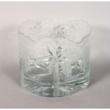 A VERY GOOD ENGRAVED GLASS "PALM TREES" BOWL. Signed on base. 6.5ins high.