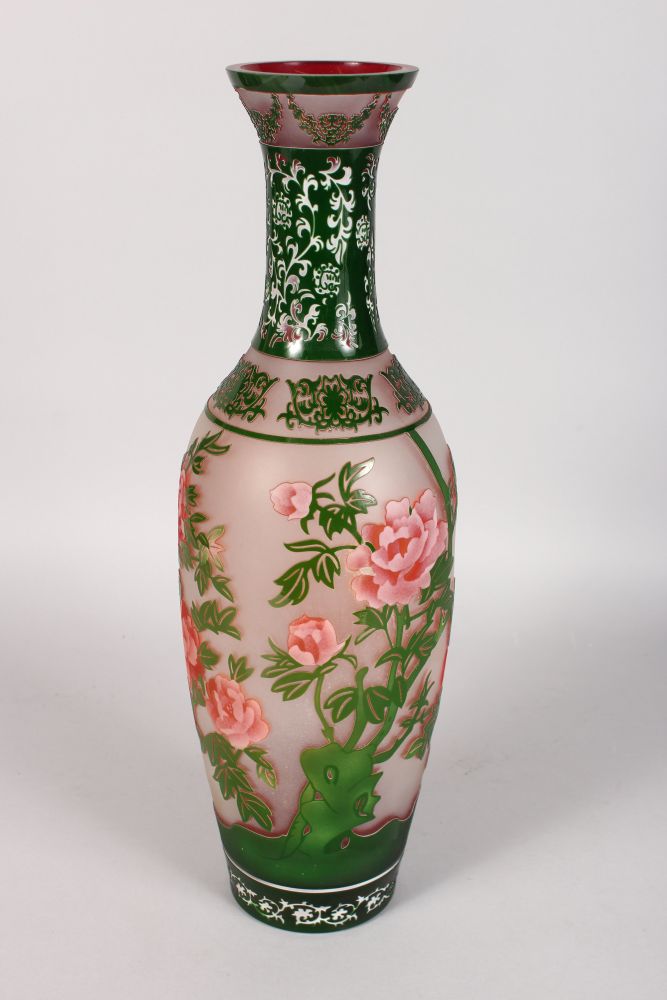 A LARGE PEKING GLASS TYPE VASE of Chinese design with birds and calligraphy. 17ins high. - Image 2 of 2