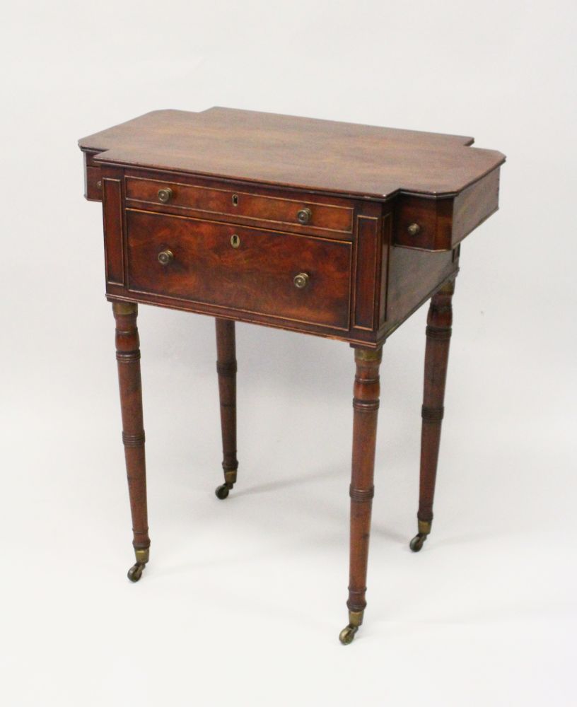 A WILLIAM IV MAHOGANY CAMPAIGN TABLE, with shaped rising top, a small drawer, two dummy drawers, one