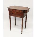 A WILLIAM IV MAHOGANY CAMPAIGN TABLE, with shaped rising top, a small drawer, two dummy drawers, one