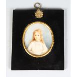 AN OVAL PORTRAIT OF A YOUNG GIRL, HALF LENGTH, wearing a white dress 3ins x 2.5ins, framed and