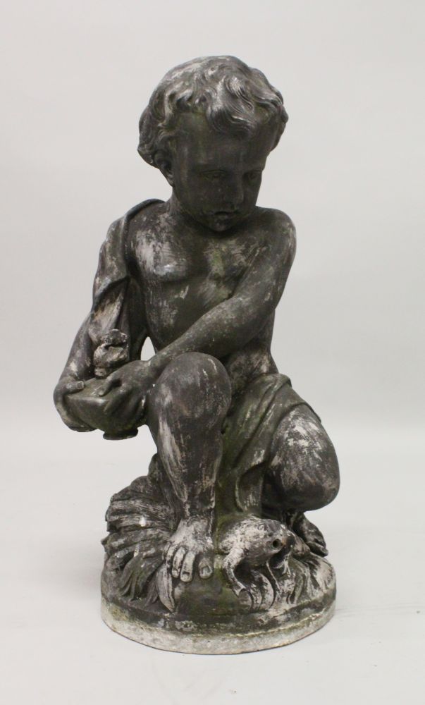 A LEAD GARDEN FOUNTAIN, PROBABLY 19TH CENTURY, modelled as a seated cherub, holding a lamp with a