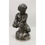A LEAD GARDEN FOUNTAIN, PROBABLY 19TH CENTURY, modelled as a seated cherub, holding a lamp with a