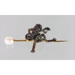 A 9CT GOLD AND SILVER FROG BROOCH set with diamonds, amethysts, peridot and pearls.