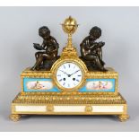 A VERY GOOD 19TH CENTURY FRENCH ORMOLU AND SEVRES MANTLE CLOCK, with eight-day movement, blue and