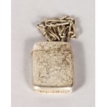 A VICTORIAN ENGRAVED SILVER VESTA CASE and CHAIN. Birmingham 1897.