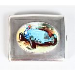 A SILVER CIGARETTE CASE, Chester 1924, the lid with an enamel depicting a Bugatti car .