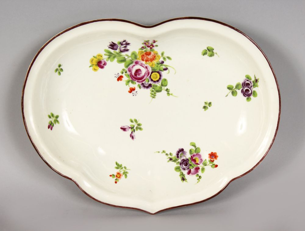 A GOOD WORCESTER CRESCENT SHAPED DISH, painted with flowers. 11ins wide.