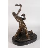 AN UNUSUAL ABSTRACT BRONZE OF A NAKED MALE FIGURE, in a contorted pose, on an oval marble base.