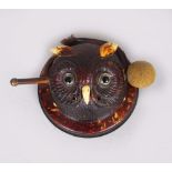 A VERY UNUSUAL SMALL OWL CIRCULAR GONG with hammer. 4.5ins diameter.