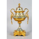 A SUPERB 19TH CENTURY FRENCH GILT ORMOLU CHAMPLEVE ENAMEL TWO HANDLED URN AND COVER, modelled as a