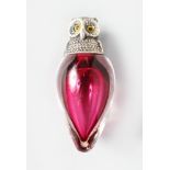 A SILVER NOVELTY CRANBERRY GLASS OWL PERFUME BOTTLE.