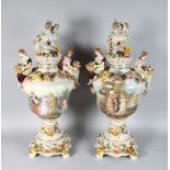 A SUPERB PAIR OF MEISSEN DESIGN FLOWER ENCRUSTED URNS, COVER AND STANDS, the bodies painted with