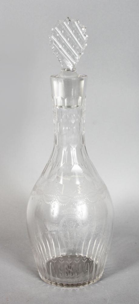 A GEORGIAN ENGRAVED DECANTER AND STOPPER with engraved crown and initials.