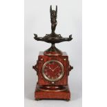 A VERY GOOD 19TH CENTURY FRENCH ROUGE MARBLE SQUARE MANTLE CLOCK with eight-day movement by