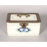 AN ART DECO DESIGN PORCELAIN SANDWICH BOX, blue flowers. 8ins long.