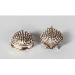 TWO NOVELTY SILVER SHELL PILL BOXES.