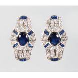 A PAIR OF 9CT GOLD, SAPPHIRE AND DIAMOND DECO EARRINGS.