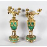 A VERY GOOD PAIR OF LOUIS XVI MARBLE AND ORMOLU URN SHAPED CANDELABRA, with three rose scrolling